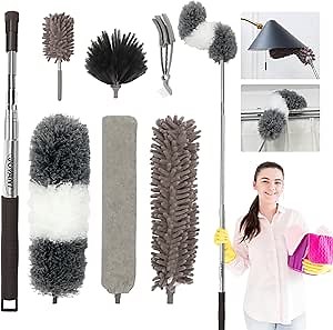 Telescopic Duster Long Extendable Up to 2.50M and Washable,Duster Telescopic Washable 7 Pieces for High Ceilings Ceiling Fan and Chandelier,Dust Mop with Blinds Cleaning Brush-JOVANT (HTJ001)