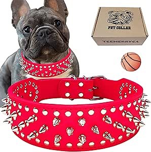 teemerryca Sturdy Wide Red PU Leather Silver Spiked Dog Collars with a Squeak Ball for Medium Large Breed Girl Boy Pet, Pit Bulls/Bulldog/Boxer/Doberman, Protect Dog's Neck from Attack, M(19"-21.8")