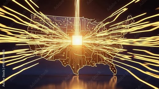USA map designed as a glowing circuit board with central microchip, symbolizing digital infrastructure, tech innovation, and national semiconductor strategy
