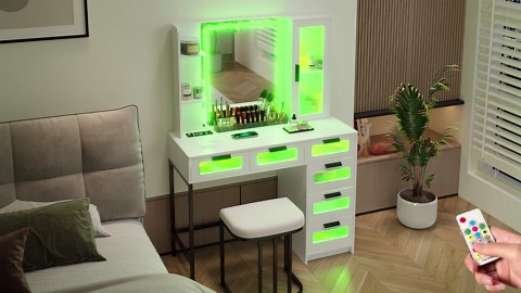Makeup Vanity Desk with Mirror and RGB Led Lights 39.5'' Modern Vanity Table with 6 Large Drawers and Stool Makeup Desk with Charging Station,Dressing Table Set as Gifts for Girls Women,Grey