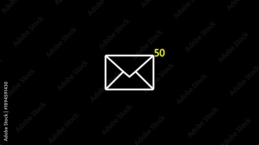 Incoming 50 Message notification alert animation with glow effect. Mail inbox 50 notification icon animation. 4k footage.