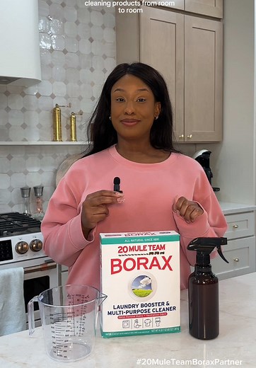 #20MuleTeamBoraxPartner This cleaning hack using @20 MULE TEAM® Borax Brand is so easy and makes so much sense! Who wants to carry around multiple bottles when this recipe works for so many surfaces: Dissolve a little less than 1/4 cup of 20 MULE TEAM® Borax Powder into 16 ounces of warm water. Then pour into a spray bottle for applications (do not reuse from another product). #cleaninghack