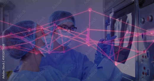 Doctors pointing at X-ray while pressing panel reviewing chest scans with magenta network overlay