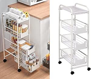 Rolling Cart 4 Tier - Slim Storage Cart with Slide Out Drawers Suit Narrow Storage of Kitchen Bathroom Laundry, Small Spaces Utility Cart with Wheels