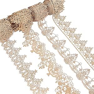 Gold Lace Trim 4 Style Each 2Yards Gold Lace Ribbon Metallic Crafts Lace Floral Embroidery Trim for Home Decoration Garments Accessories AIETSYEI