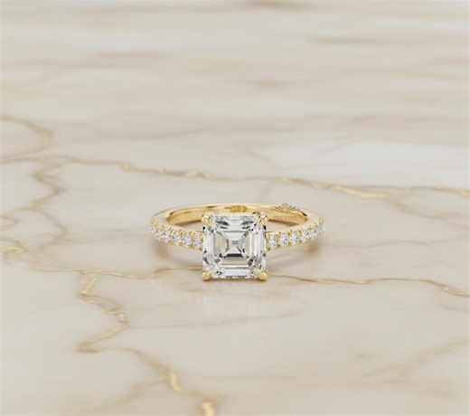 Vintage Asscher Cut Diamond Engagement Ring, Solid Gold Pave Band, Dainty Stacking Wedding Jewelry - Etsy