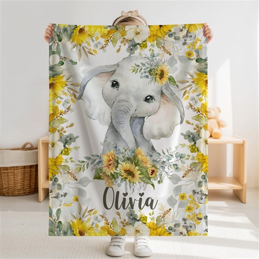 Elephant Baby Blanket, Personalized Safari Animal Toddler Nursery Throw, Sunflower Floral Blanket - Etsy