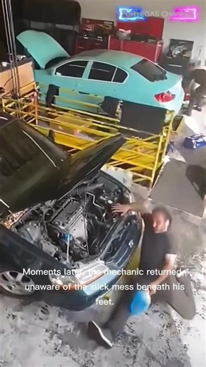 Slippery Disaster! Mechanic Falls After Oil Spill Accident #funnyfail #viralvideo #viralshorts