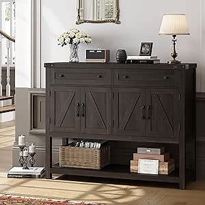 HOSTACK Buffet Sideboard Cabinet with Storage, 47.2" Modern Farmhouse Coffee Bar with 2 Drawers, Barn Door Console Table with Shelf for Kitchen, Dining Room, Living Room, Entryway (Dark Brown)