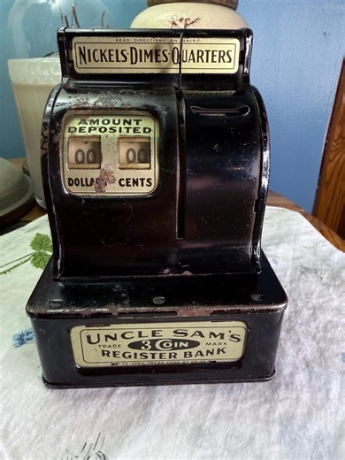 Vintage Uncle Sam’s 3 Coin Register Bank – Durable Toy Co., Mechanical Savings Bank, 1930s–40s Metal Coin Bank