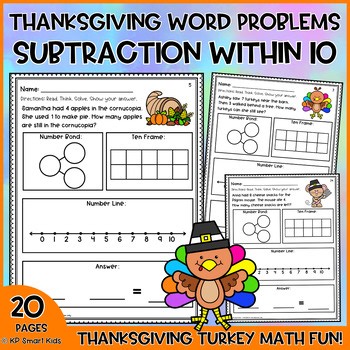 Thanksgiving Subtraction Word Problems to 10 Number Bond, Ten Frame, Number Line