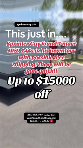 🚨 SprinterGuyUSA just found 7 more brand new 144 AWD Mercedes Sprinter Vans 🛻💨 — up to $15,000 OFF! 🔥 These won’t last long — serious buyers are already calling 📞💥. Don’t miss your shot at the best deal in the country! 🇺🇸🚐 #SprinterVan #VanLife #CargoVan @sprinterguyusa 813-262-0981 call or text Vans@southporttruck.com Tampa, FL 33637 ☎️ 7528 N US Highway 301 #sprinterconversion #worktruck #vanlife #foodtruck #truckerlife #tampa #mercedes #business #streetfood #trucking #fleet #truckdri