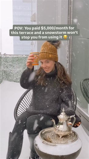 Sarah Funk | NYC On-Camera Host on Instagram: "When your NYC terrace costs more than most people’s mortgages, no snowstorm will prevent you from using it 😂 #snowstorm #nyc"