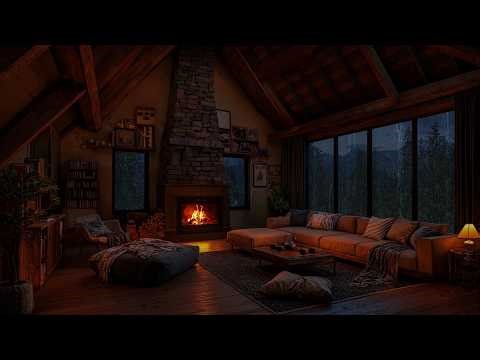 Cozy attic cabin night with rain sounds & fireplace 🔥🌧️ warm relaxing ambience for deep sleep