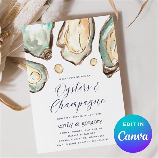 Oysters and Champagne Rehearsal Dinner Invitation Template | Coastal Watercolor Invite | Nautical Wedding Canva Printable - Etsy