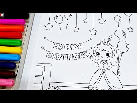Happy Birthday Princess Coloring 🎂🎈 | Fun Kids Coloring Activity with Balloons & Stars