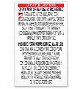 13" x 22" Texas No Open Carry Signs - P.C. 30.07 - Texas No Carry Signs