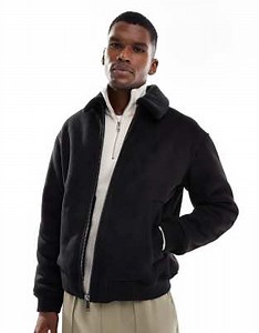 Jack & Jones faux suede bomber jacket with borg collar in black | ASOS