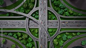 Highway intersection/ road interchange middle in the city with heavy traffic - view from the above, zooming out - 3D 4k animation (3840x2160 px).