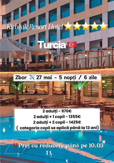 🇹🇷 Turcia ❤️ 80 m până la plaja privată, trecere subterană 🌴 ✨ Kirbiyik Resort Hotel 5*★ 📅 Plecare: 27 mai 2026 - 5 nopți/ 6 zile ✈️ Zbor direct din Chișinău 👫 Tarife: ◾️2 adulți - 970€ ◾️2 adulți 1 copil - 1355€ ◾️2 adulți 2 copii - 1425€ ( categoria copil se aplică până la 13 ani) ⸻ 🌟 Pachetul include: ✈️ Zbor tur-retur 🚐 Transfer aeroport – hotel – aeroport 🏨 Cazare 5 nopți/ 6 zile la hotel 🍽 Concept ALL INCLUSIVE 🛡 Asigurare medicală inclusă Pentru rezervare se achită 20 % avans în