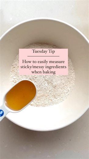 ~ TUESDAY TIP ~ How to easily measure your stick or messy ingredients when baking. I saw this tip recently but can’t remember where and thought it was ingenious, so I had to share it with you guys. If you need to measure annoying ingredients that make are hard to scrape out of the measuring vessel, such as honey, olive oil, peanut butter, etc, try this tip. Level out your dry ingredients, then using the vessel of desired quantity, eg. 1/4 cup, make an indent into the dry ingredients that is the 
