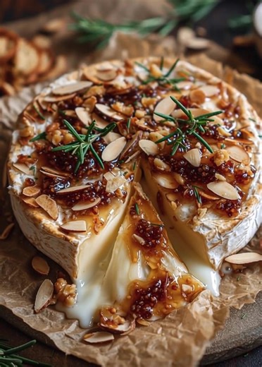 Warm Brie with Fig Jam, Rosemary & Almonds Ingredients: 1 wheel of Brie cheese (about 8 oz / 225 g) 3 tbsp fig jam or fig preserves 2 tbsp sliced almonds, lightly toasted 1 tsp fresh rosemary, finely chopped 1 tbsp honey (optional, for drizzling) Crackers or baguette slices, for serving Directions: Preheat oven to 375°F (190°C). Line a small baking tray with parchment paper. Place the Brie wheel (with rind on) on the prepared tray. Spread fig jam evenly on top of the Brie. Sprinkle with toasted 