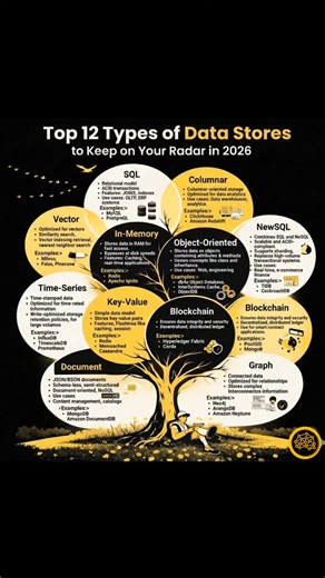 ARTIFICIAL INTELLIGENCE AI ML 🎯200k on Instagram: "Choosing the right data store can make or break your app's performance in 2026. This visual breaks down 12 key types—from speedy In-Memory for caching to Blockchain for decentralized trust. (Pro tip: Not all are strict "databases," but the overview sparks smart stack decisions for founders scaling fast.) What's your go-to for modern builds? #datastore"