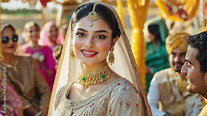 Radiant bride smiling during traditional wedding ceremony