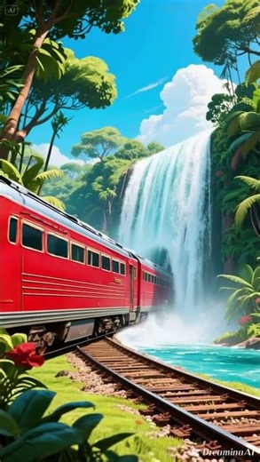 train waterfall jungle art deco