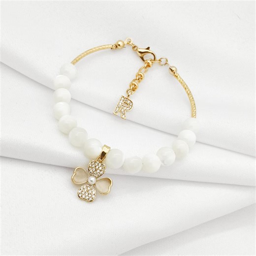 Mother of Pearl Clover Bracelet, Personalized Initial Charm, White Beaded Jewelry, Gift for Her