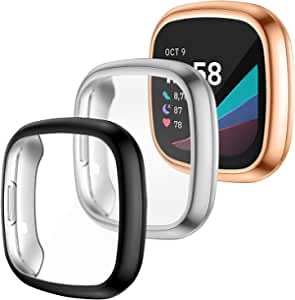 3-Pack Screen Protector Case Compatible with Fitbit Sense/Versa 3, Soft Flexible TPU Bumper Case Full Protective Cover Frame Accessories for Sense/Versa 3 Smart Watch