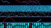Interface with binary code, curves, lines, oscillator and bar graphs,...