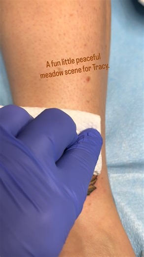 Happy little tree tattoo in a pretty meadow. Can’t all be skulls and dragons. 💀🐉 #medinatattoo #medinany #colortattoo #happylittletrees | Canalside Tattoo Company