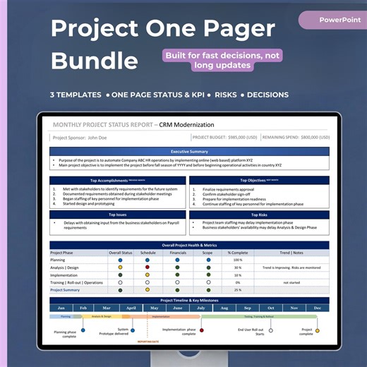 Project One Pager Template | One Page Project Snapshot | Executive Project Update | Status Report Powerpoint | PMO Reporting Slide - Etsy UK