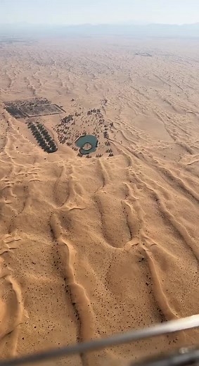 Aerial View of Serene Desert Dunes and Oasis