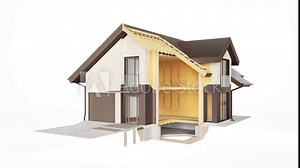 Technical section of building, visible construction of walls, roof and insulation. 60 fps animation.