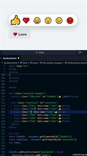 Facebook Animated Reactions Button in 5 Minutes | HTML CSS JavaScript
