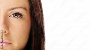 Young woman portrait close up half face character series isolated on pure white background Stock Video