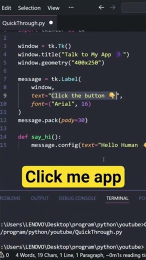 Python Desktop App in 10 Seconds | Click Me Using Tkinter