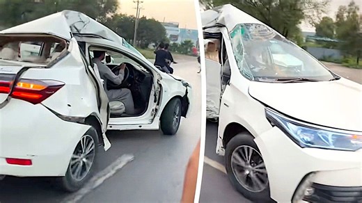 Bent and battered: Man drives heavily damaged car as if nothing is wrong