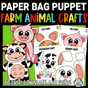 10 Farm Animal Paper Bag Puppet Instant Printable Templates