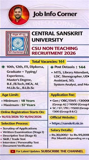 CSU Non Teaching Recruitment 2026 | New Vacancy 2026 | Job info Corner #shorts