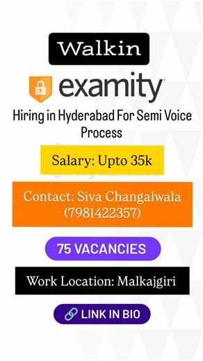 JobBuzz_Hyderabad on Instagram: "HIRING AT examity HYDERABAD! Calling all Graduates! examity is hiring Candidates for their Semi Voice Process. If you are looking to start your career with an MNC, this is your chance! Walkin: 19th - 23rd Jan From 11:00AM - 3:00PM Contact - Siva Changalwala (7981422357) Walkin Location: Jains Balaji Big Town, 3rd Floor Above Zudio Survey No. 228 Old 44, 44/ 1 & 44/2, Anand Bagh Circle, Opp. Safilguda Lake, Safilguda, Malkajgiri, Secunderabad - 500047 Salary: Up t