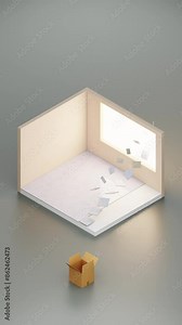 Orthographic animation of living room. time-lapse animation showing a process of building interior. living room furniture is being assembled from delivery box