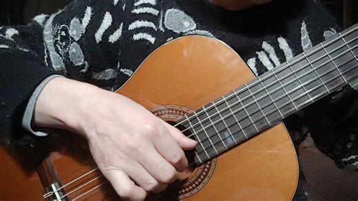 弹轮指的手型，手指和琴弦垂直成90度，如果角度太斜会造成拨弦打滑，会造成发音不实，声音没有清晰度，变得混浊不清，2025-12-19录制