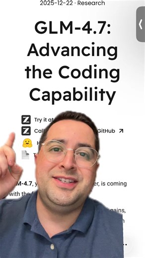 GLM-4.7 Just Beat ChatGPT at Coding Z.AI's new model crushes multi-step software engineering tasks with 200K context and autonomous tool use. The agentic coding race is on – and it's not just OpenAI anymore. Sign up for my free AI newsletter 👉 simpletechskills.com #AICoding #ChatGPT #AIAgents #NoCode #AIAutomation