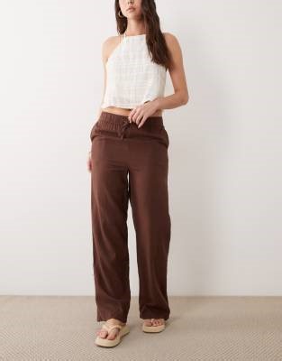 New Look linen blend wide leg trousers in brown | ASOS