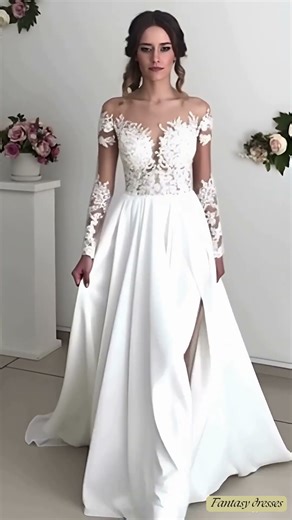 Romantic Lace Wedding Dress with Slit | Modern and Graceful Bridal Style