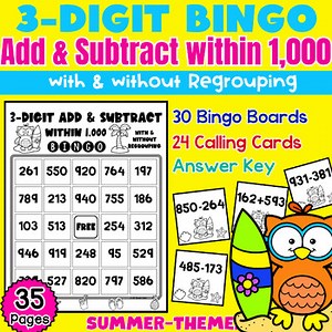 Summer Math Bingo 3-Digit Add & Subtract Within 1000 | With & Without Regrouping