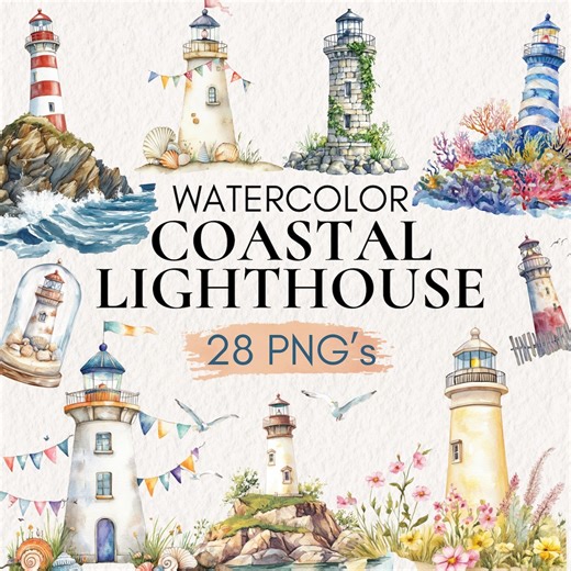 Watercolor Lighthouse Clipart, Nautical Decor PNG, Ocean Lighthouse Graphics, Beachhouse Decor, Light House Clipart, Ocean Landscape - Etsy